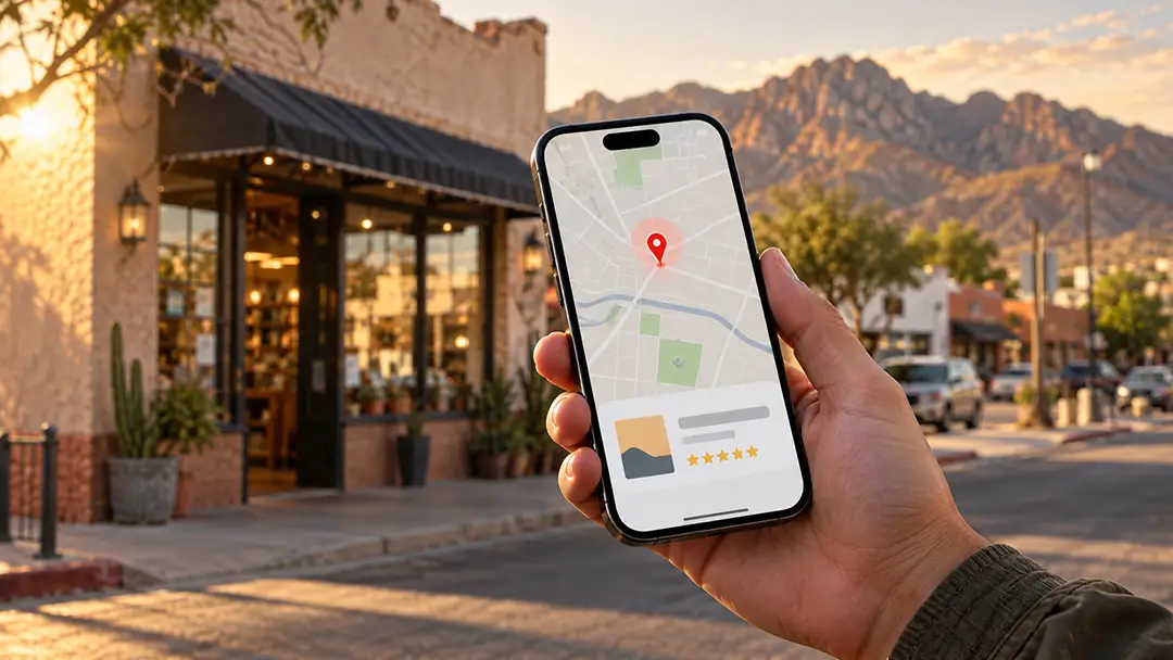 Smartphone showing a local business pin on a map in El Paso, TX